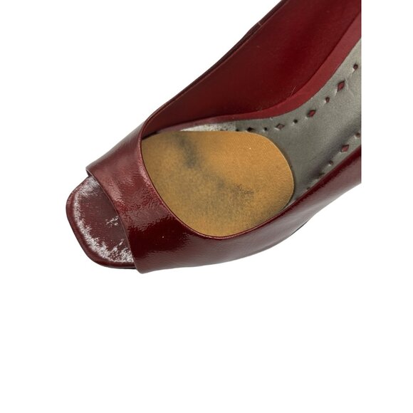 BCBGirls Ariel Ruby Red Tumbled Pearl Patent Leather Peep toe Stiletto Heels sz - Picture 10 of 16